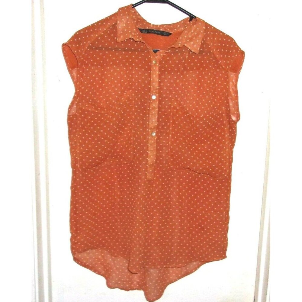 Zara Trafaluc Orange Polka Dot Half Button Sleeveless Blouse Top S